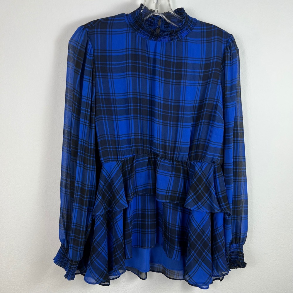Torrid Women's Blouse Top Plus Size 00 NWT Blue Plaid Long Sleeve Tiered Ruffle
